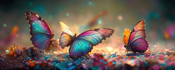 Vibrant Iridescent Butterflies on Dreamy Pastel Surface with Geometric Wings Fantasy Ethereal Atmosphere