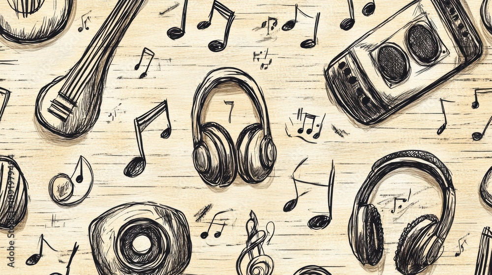 Aufkleber this doodle pattern features a vibrant array of musical instruments, notes, headphones, and sound wa
