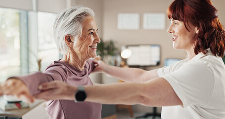 Physio, arm and senior woman with smile, patient support and rehabilitation in clinic with...