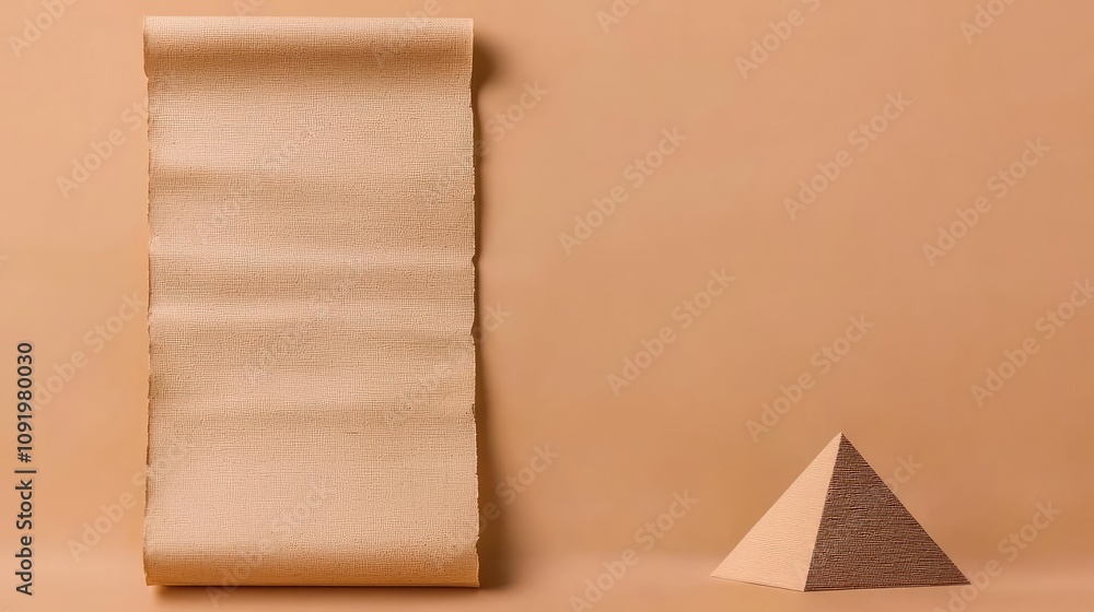 Poster a textured paper scroll and a pyramid on a warm, minimal background.