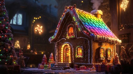 Fototapeta premium Vibrant Gingerbread House Decorated with Colorful Lights in a Festive Winter Wonderland Creating a Magical Holiday Atmosphere