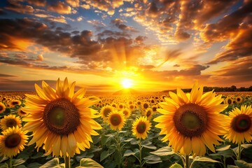 Fototapeta premium A Warmtoned Silhouette of a Golden Field Filled with Blooming Sunflowers Under a Bright Yellow Sky Capturing the Essence of a Summer Day in Nature's Splendor