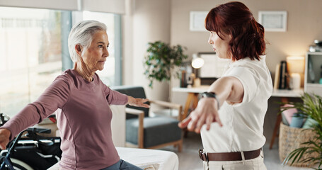 Obraz premium Physio, arm and senior woman with medical support, patient and rehabilitation in clinic with stretching. Physical therapy, helping and healing assessment of doctor with arthritis care and joint check