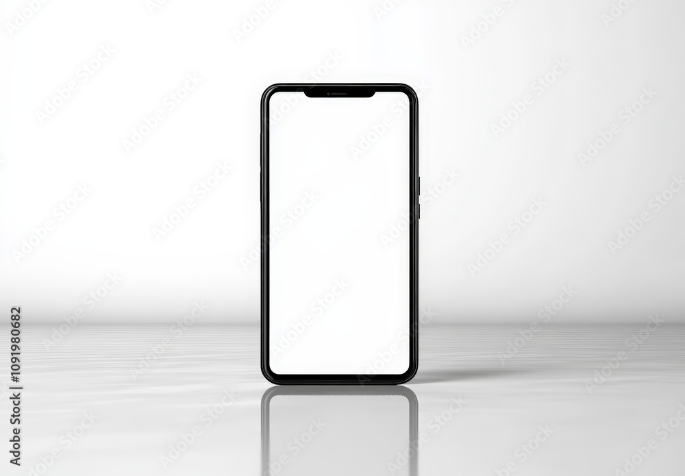 Poster modern smartphone on reflective surface minimalistic background sleek black frame blank white screen