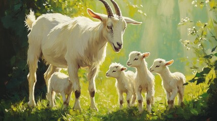 Obraz premium White goat and three kids in sunny meadow.