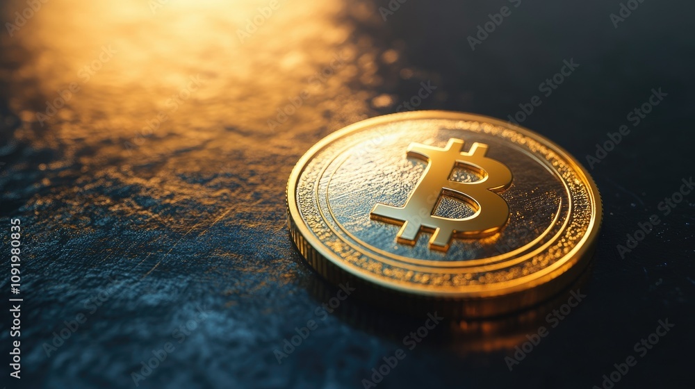 Aufkleber shiny gold bitcoin coin on reflective surface with soft lighting creating an elegant and luxurious a