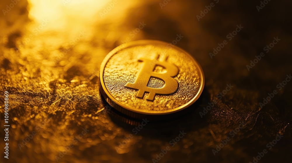 Aufkleber a close-up view of a bitcoin coin glimmering on a textured surface with golden highlights, symbolizi