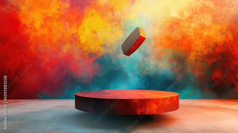 Aufkleber abstract red platform with floating shape against colorful background