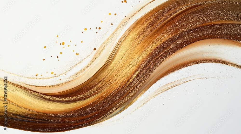 Poster Elegant Abstract Wave Pattern with Golden and Brown Tones on White Background Featuring Glittering Textures and Smooth Brush Strokes