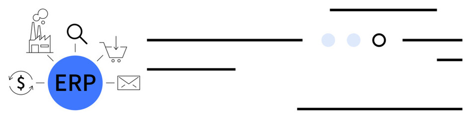 ERP system represented by circular blue button connected to icons for factory, finance, search, shopping cart, and email. Ideal for business process management, information systems, industrial © robu_s