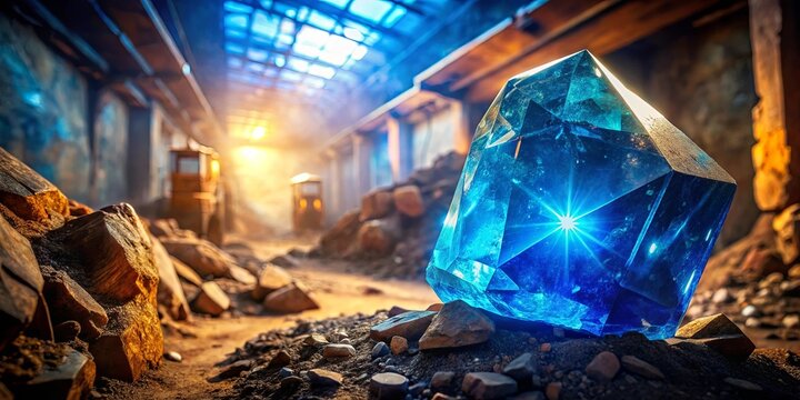 A glistening blue crystal shard rests amidst a landscape of scattered rocks and weathered structures, bathed in the golden glow of a distant sun.