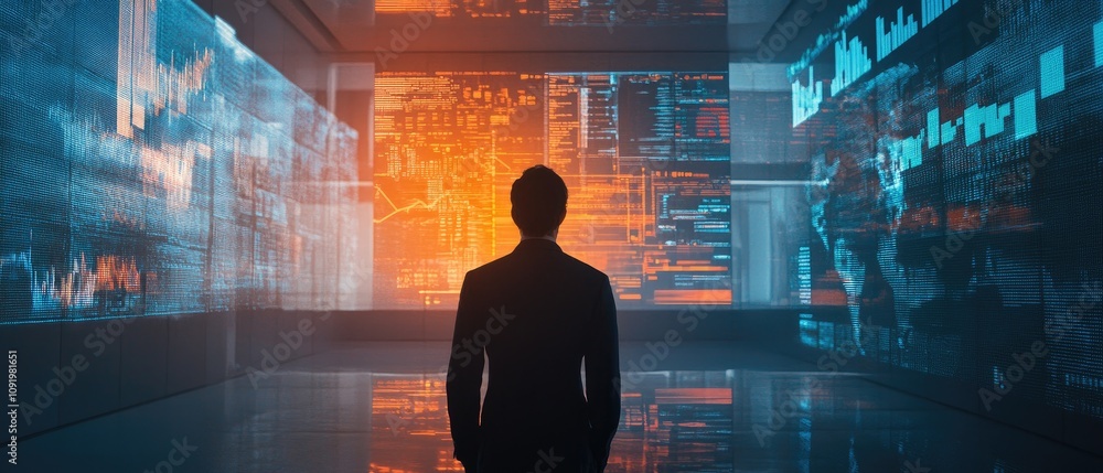 Poster person viewing digital data visualizations on large screens.