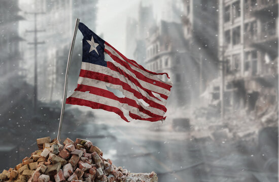 Dirty and torn Liberia flag, symbol of resistance and victory. A scene of war and devastation, the ruins of a city destroyed by conflicts. 3D Rendering.
