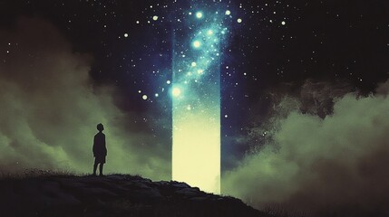 Fototapeta premium Lone Figure on Cliff Gazing at Cosmic Portal in Night Sky
