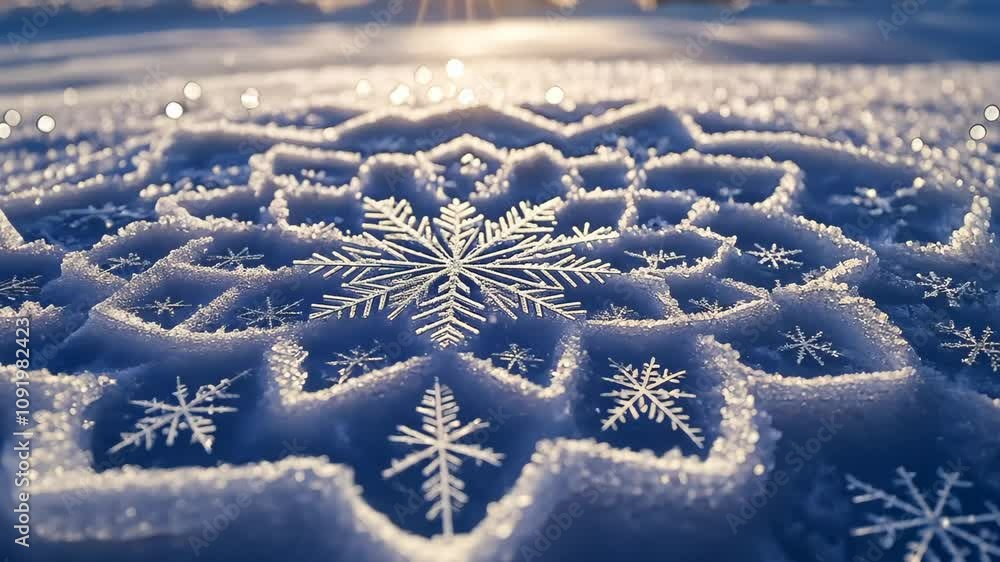 Poster snowflakes arranged in a perfect spiral on a snowy field, each flake contributing to a larger geomet