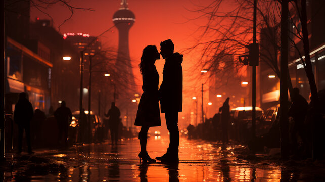 雨上がりの街に映える恋人たちのシルエット、夕焼けに染まるタワーを背景に見つめ合うカップル、濡れた路面に反射するオレンジ色の光が描く都会のロマンス、特別な夜に交わす永遠の約束の瞬間
