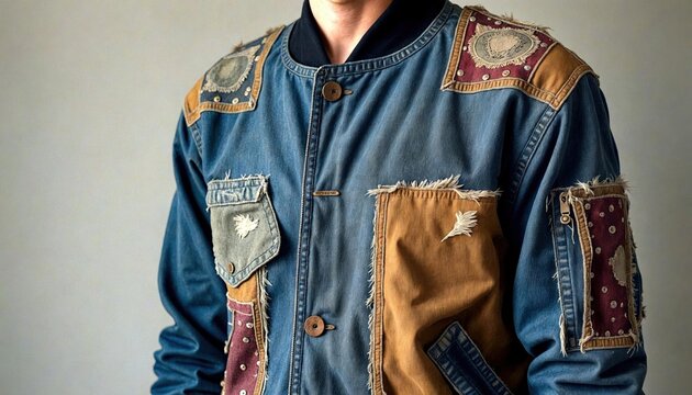 Distressed Bomber Jacket Patchwork Detail