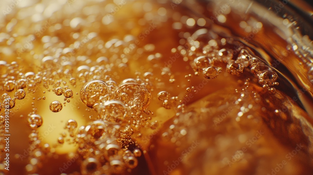 Poster close-up view of bubbles rising in a carbonated beverage with ice cubes captured in a glimmering gla