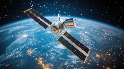 Obraz premium Satellite orbiting Earth at night, showing city lights and stars.