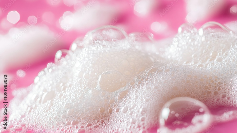 Poster close-up of lathering bubbles over a soft pink surface creating a dreamy and playful atmosphere for 