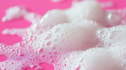Fototapeta premium Close-Up of White Soap Bubbles on Vibrant Pink Surface Creating a Soft and Textured Abstract Background Ideal for Beauty and Cleanliness Themes