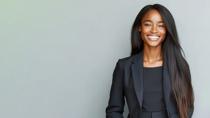 Fototapeta premium African business woman in suit blazer isolated on gray, lawyer secretary