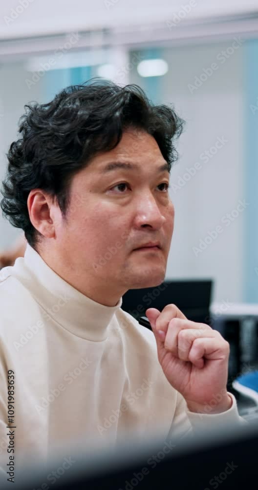 Aufkleber Office, meeting and business Asian man on computer at service company, research center and networking. Creative, startup and Japanese person on tech for learning software, programming and web design