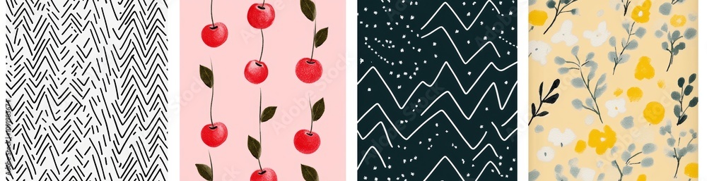 Poster seamless cherry and flower patterns with abstract designs for bright and colorful textiles