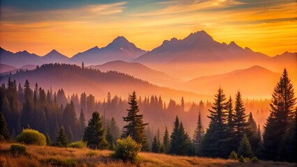 Obraz premium Golden Hour Enchantment A Misty Tapestry of Pine Trees Silhouetted Against a Majestic Mountain Range, Bathed in the Warm Glow of a Setting Sun