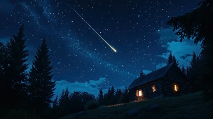 Fototapeta premium Night Sky Over Log Cabin Surrounded by Pine Trees with a Bright Meteor Shower Creating a Majestic Celestial Scene in an Isolated Forest Setting