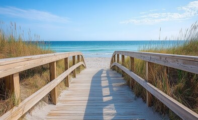 Obraz premium Serene Wooden Boardwalk to Turquoise Beach Scenery