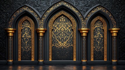 Obraz premium A striking, ornate backdrop featuring three arched frames adorned with intricate gold detailing against a dark textured wall, perfect for interior design projects, luxury branding, or event decor,