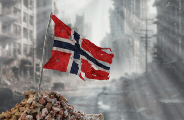 Dirty and torn Norway flag, symbol of resistance and victory. A scene of war and devastation, the ruins of a city destroyed by conflicts. 3D Rendering.