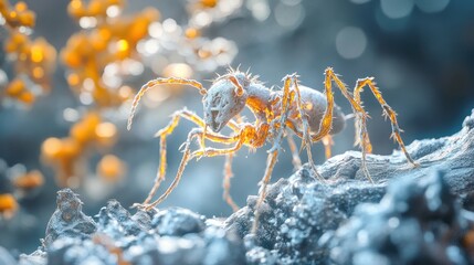 Microscopic view of a detailed ant on a textured surface.
