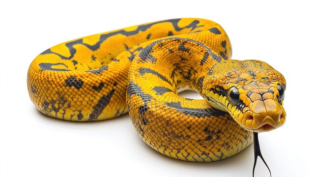 Yellow python, portrait of a ball python on white background Dark-eyed pet snake 