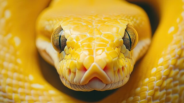 Yellow python, portrait of a ball python on white background Dark-eyed pet snake 