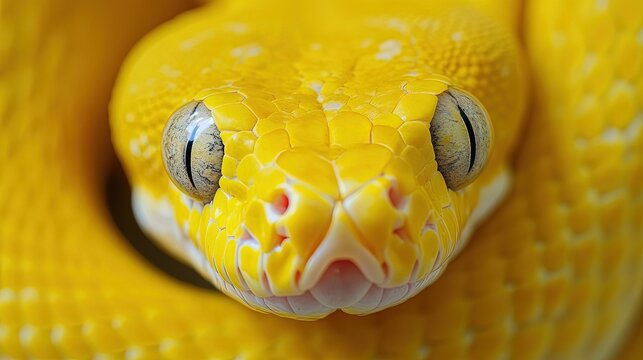 Yellow python, portrait of a ball python on white background Dark-eyed pet snake 