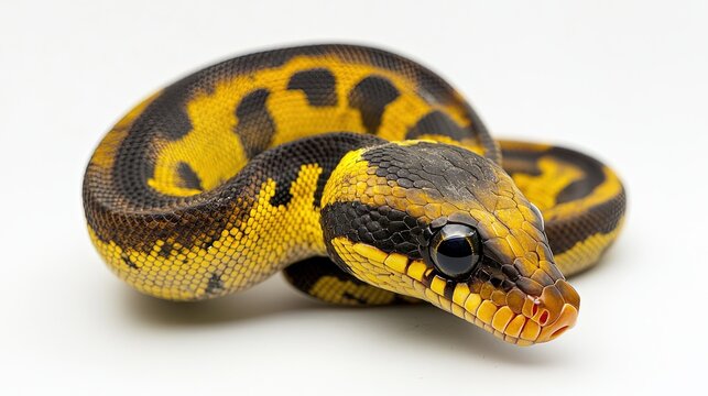 Yellow python, portrait of a ball python on white background Dark-eyed pet snake 
