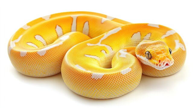 Yellow python, portrait of a ball python on white background Dark-eyed pet snake 