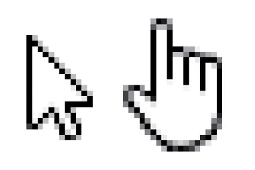 Pixel cursor or computer mouse pointer icons set. Pixel art cursor - arrow, hand click pointer, Pixelated computer mouse icons in 8 bit style Vector design 
