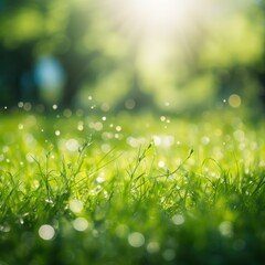 Obraz premium Sunlit grass with morning dew.