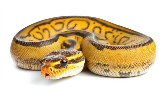 Yellow python, portrait of a ball python on white background Dark-eyed pet snake 