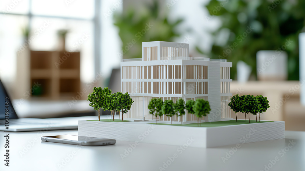 Poster a modern architectural model displayed on a table, surrounded by greenery, showcasing design element