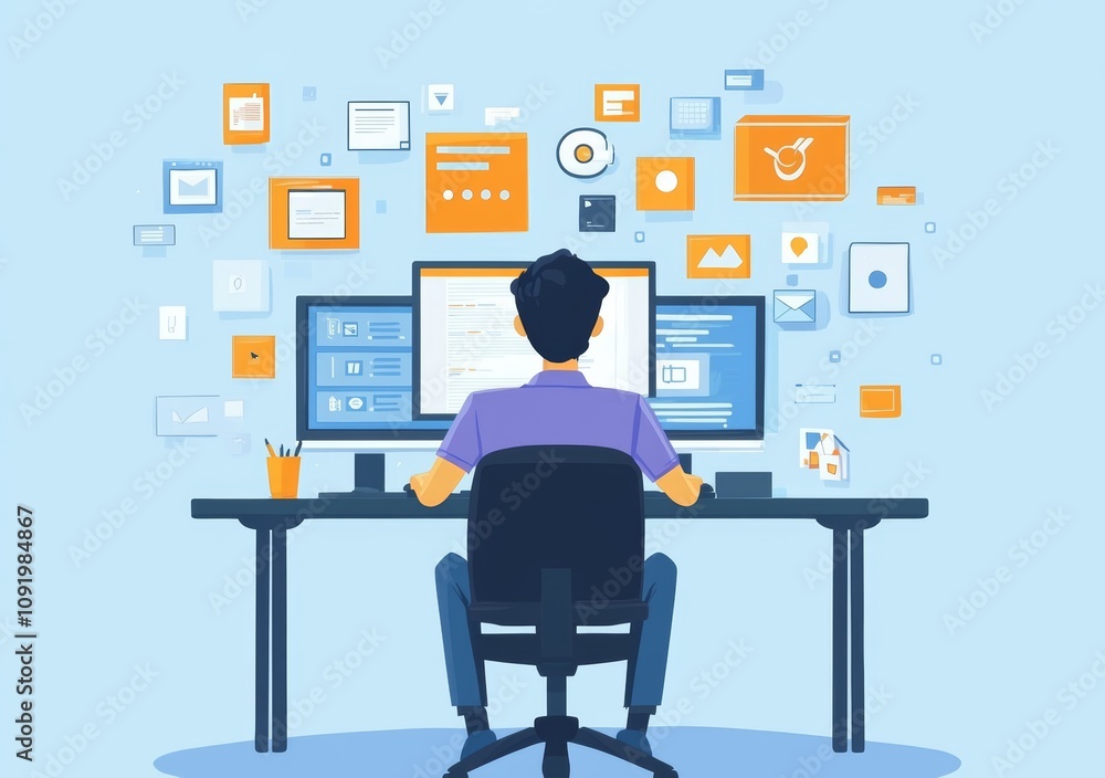 Poster businessman working on computer in office surrounded by digital icons and technology concepts