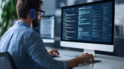 A focused programmer works on code while wearing headphones, surrounded by modern computer screens in a tech-savvy workspace.