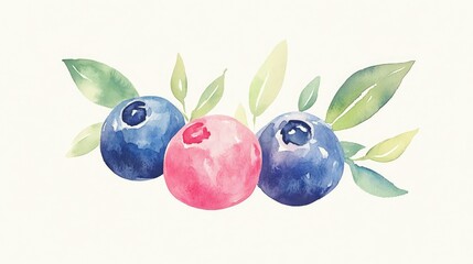 Watercolor Illustration of Blueberries and a Raspberry Surrounded by Green Leaves on a Soft Cream Background for Fresh Fruit Designs and Food Marketing
