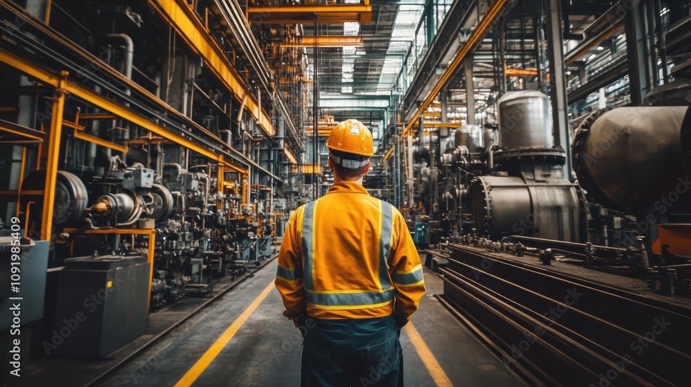Poster an engineer in a bright safety jacket and hard hat stands in a bustling industrial factory, surround