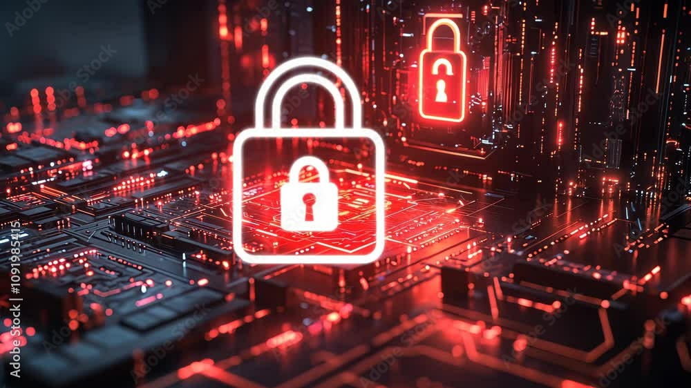 Poster hacker attack system, cybersecurity hologram and lock icons video
