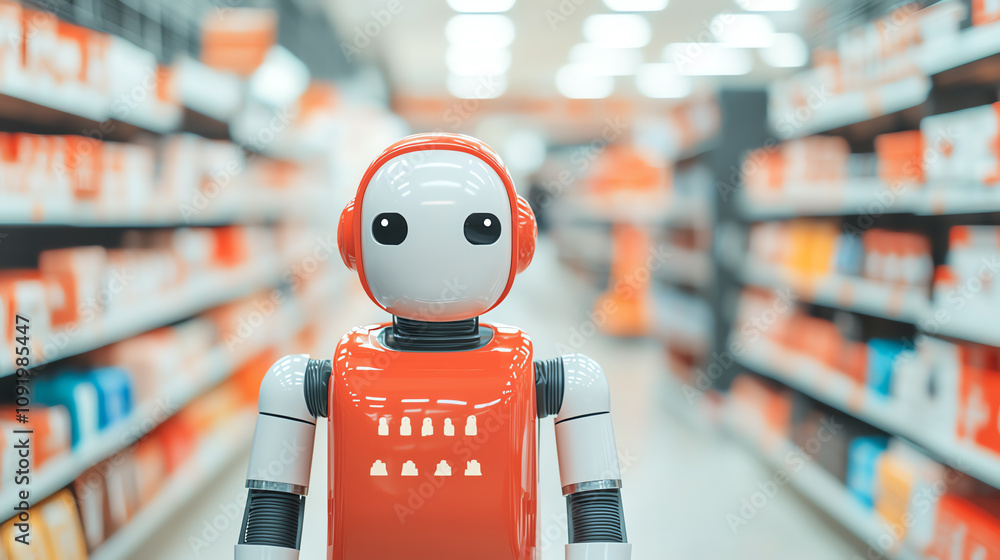 Poster a friendly robot stands in an aisle of a store, surrounded by colorful product displays, showcasing 