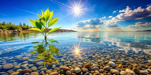 A single sprout of vibrant green life emerges from the crystal-clear water, its reflection mirroring the sunny sky and scattered stones beneath the surface.